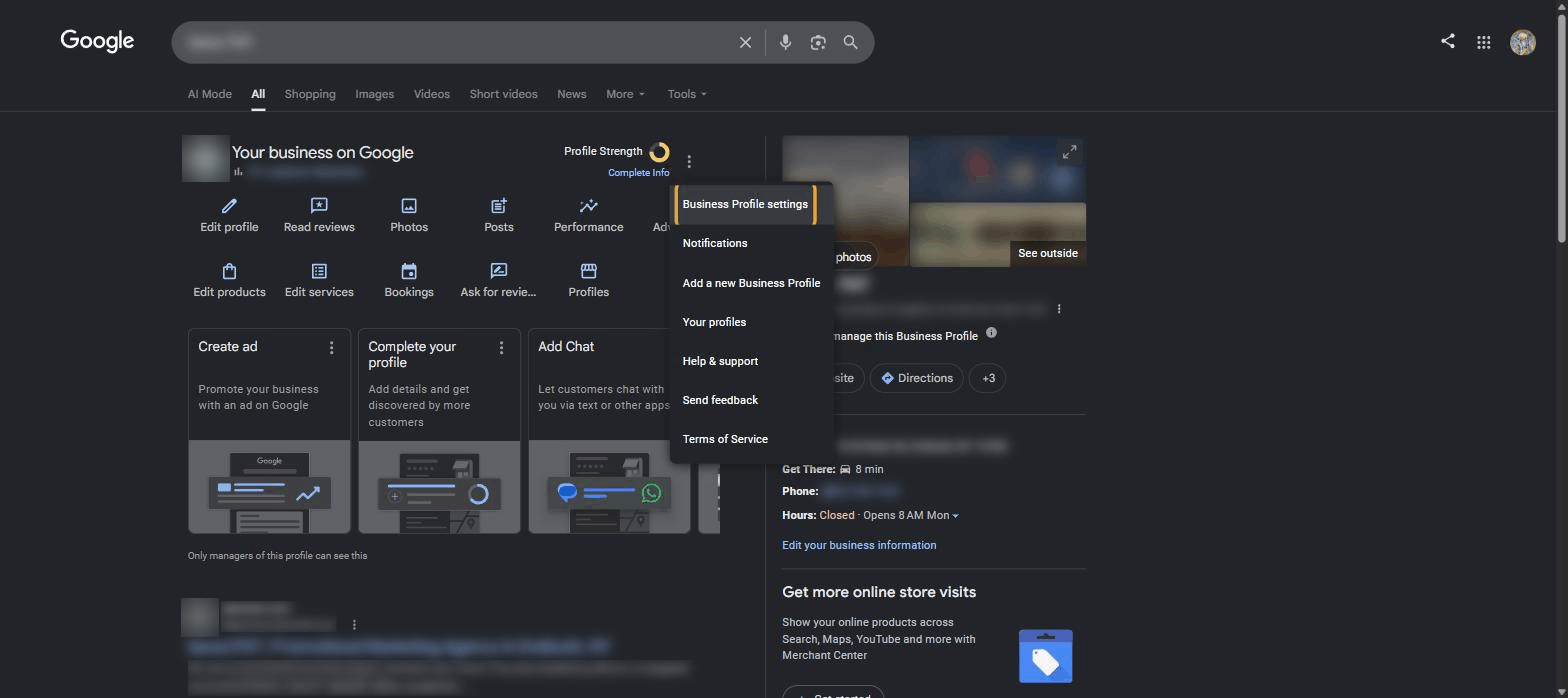 Google Business Profile three-dot menu open with Business Profile settings highlighted