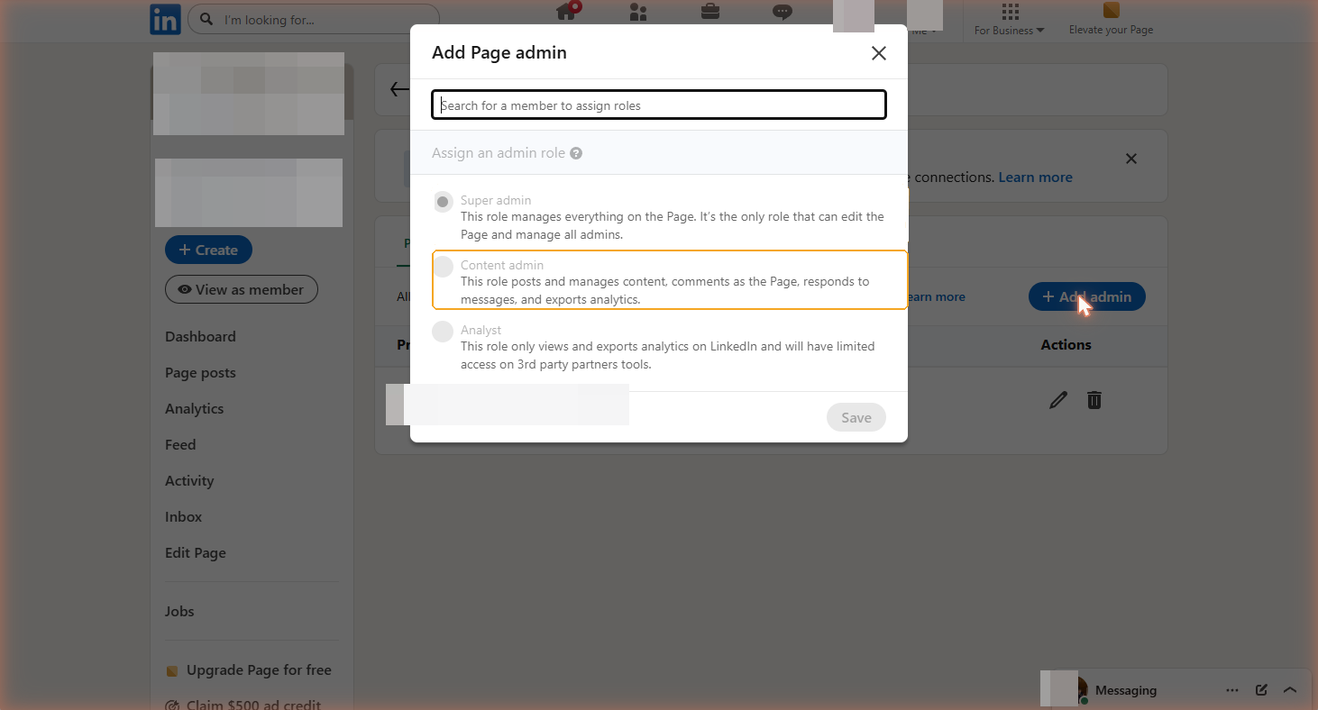 Add Page admin dialog with the member search field and the Super admin role option